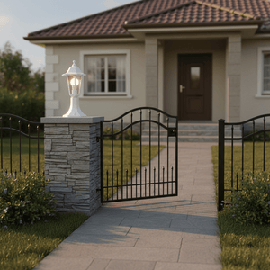 White six-panel pedestal lantern illuminating a pathway at a home's entrance, surrounded by greenery.