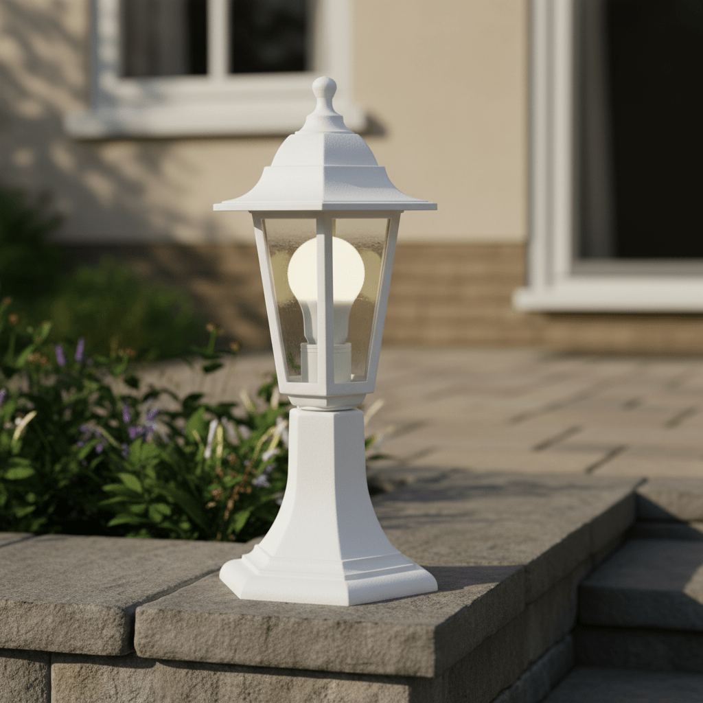 White six-panel pedestal lantern on a stone step, illuminating the surrounding garden area.