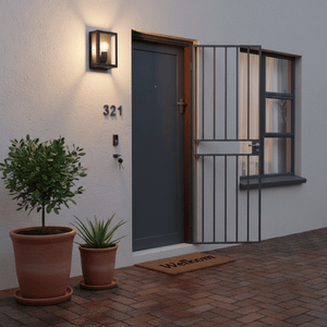 Galvanized outdoor wall light illuminating a front entrance with potted plants and a welcome mat.