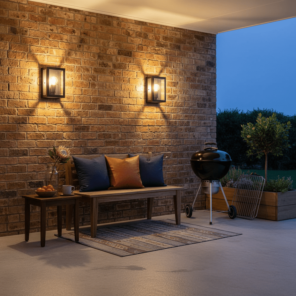 Two galvanized wall lights illuminate a brick patio with a bench and grill.