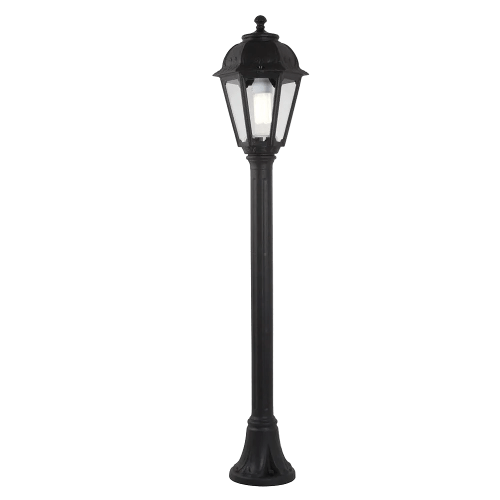Black outdoor bollard lamp with a decorative lantern-style top and a cylindrical base.