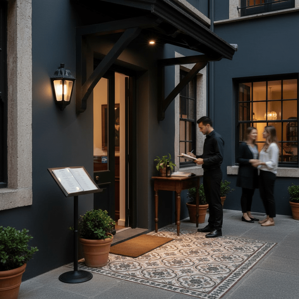 Outdoor wall light illuminating an entrance with a menu stand and potted plants.