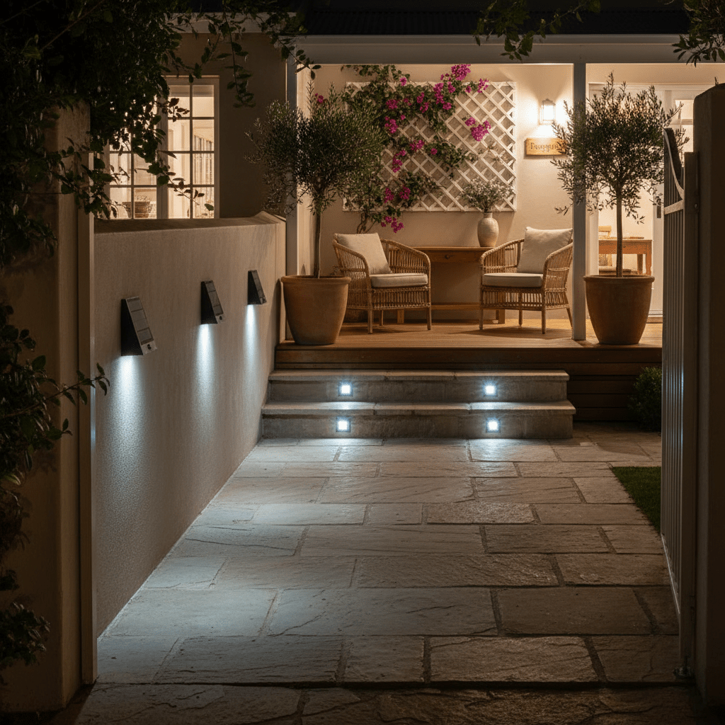 Solar foot lights illuminating outdoor steps and pathway, enhancing safety and ambiance at night.
