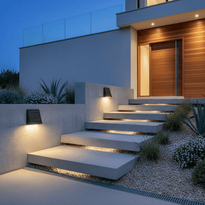 Solar foot lights illuminating outdoor steps, enhancing safety and aesthetics at dusk.
