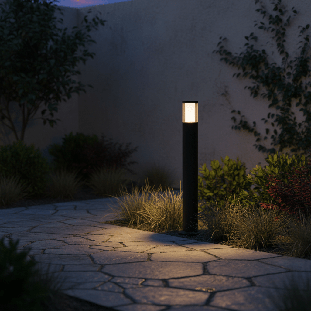 A sleek black LED bollard illuminates a stone pathway surrounded by lush greenery at dusk.