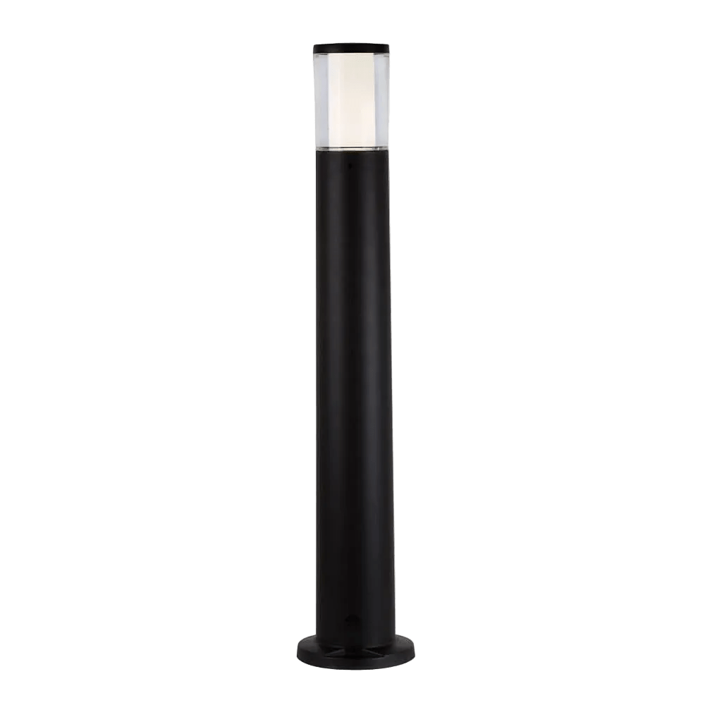 Black cylindrical bollard light with a clear top section, featuring a smooth finish and a round base.