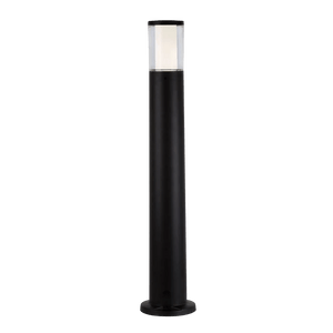 Black cylindrical bollard light with a clear top section, featuring a smooth finish and a round base.