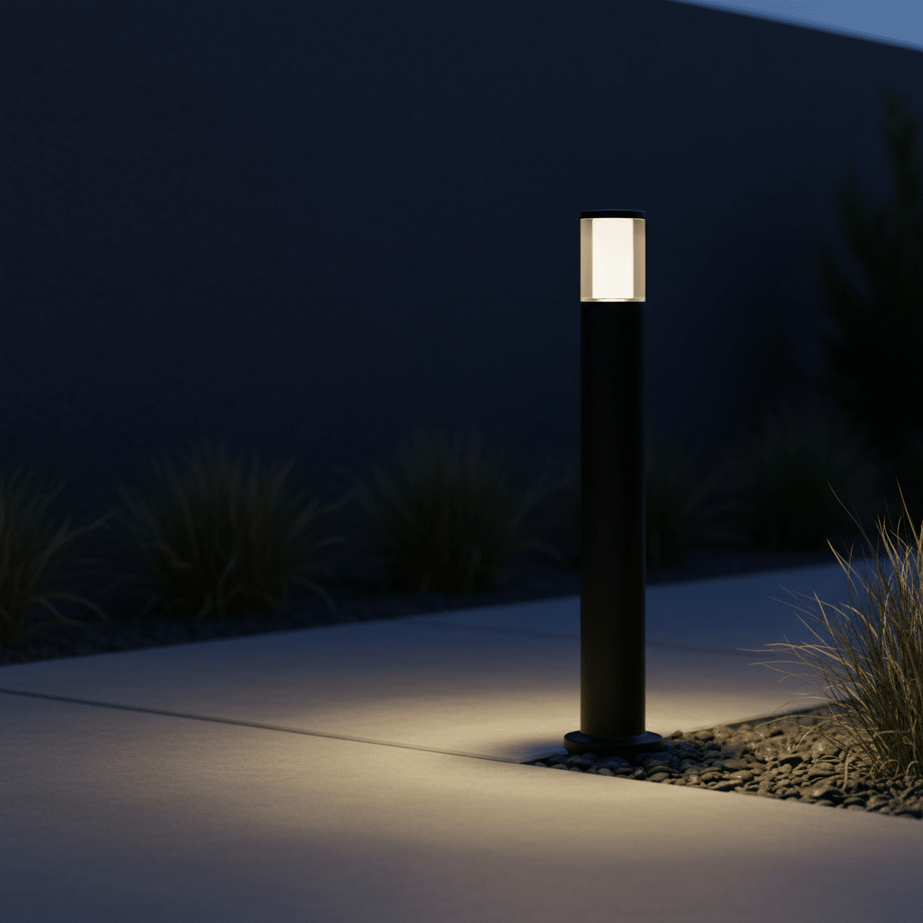 LED bollard light illuminating a pathway with soft light, surrounded by gravel and grass.