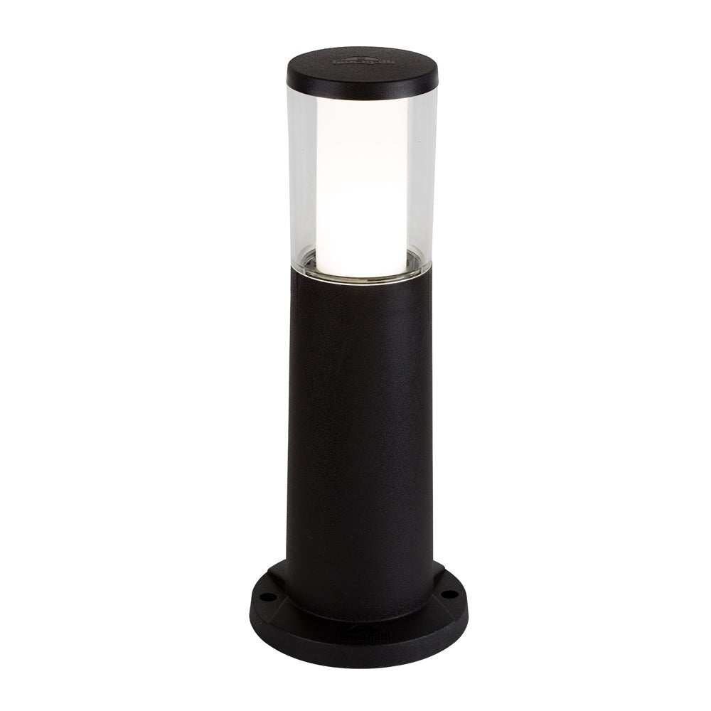 Black cylindrical outdoor bollard with clear glass cover on a white background