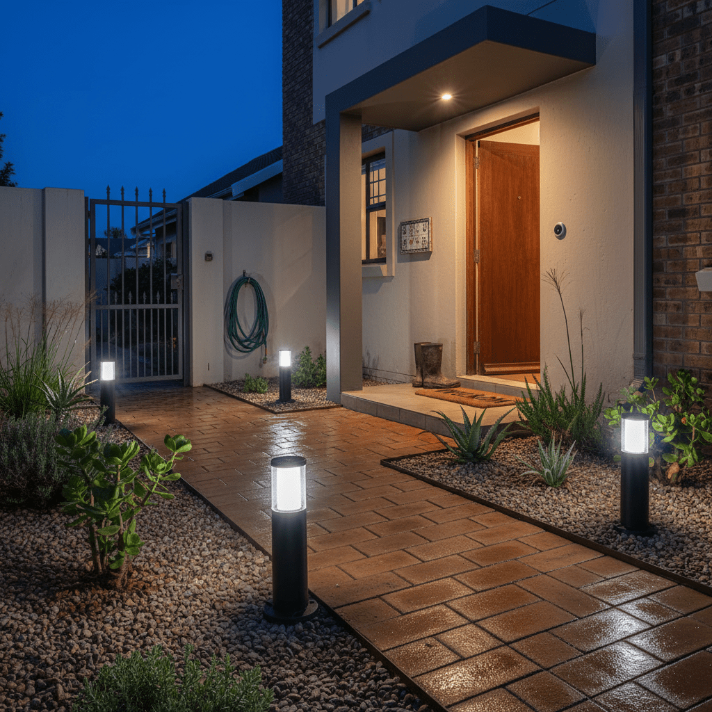 Evening view of a modern house entrance with decorative bollard lights and plants.