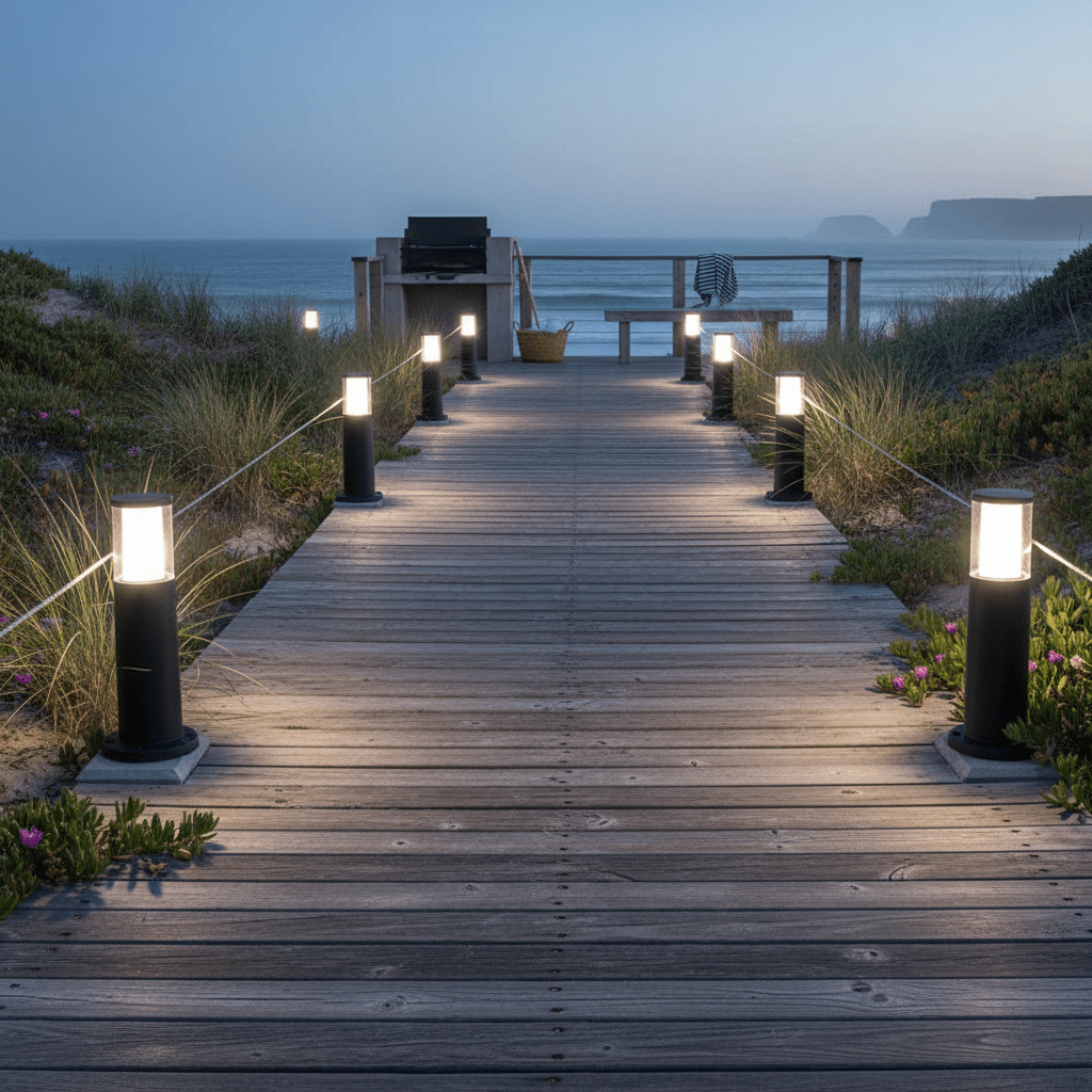 Wooden pathway leading to a beach with illuminated bolard lamps on either side.