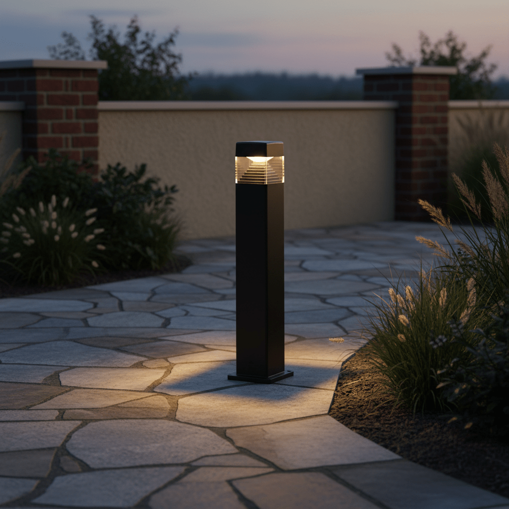 LED bollard light illuminating a stone pathway, surrounded by grass and shrubs at dusk.