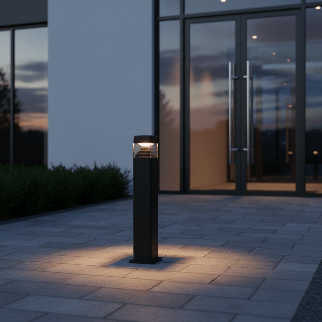 Stylish LED bollard illuminating a pathway near a modern entrance, showcasing sleek design and practical lighting.
