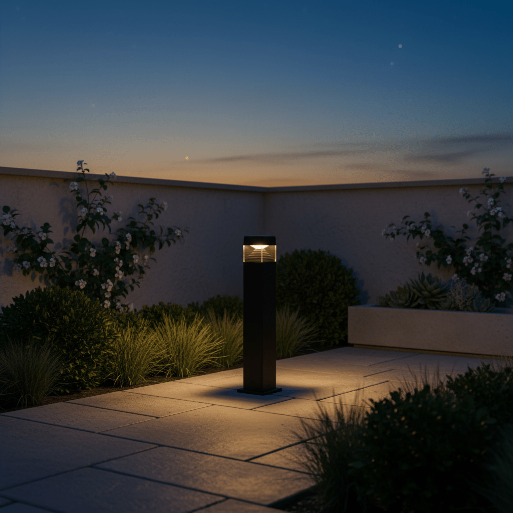 LED bollard light illuminating a garden path at dusk, surrounded by lush greenery and modern landscaping.