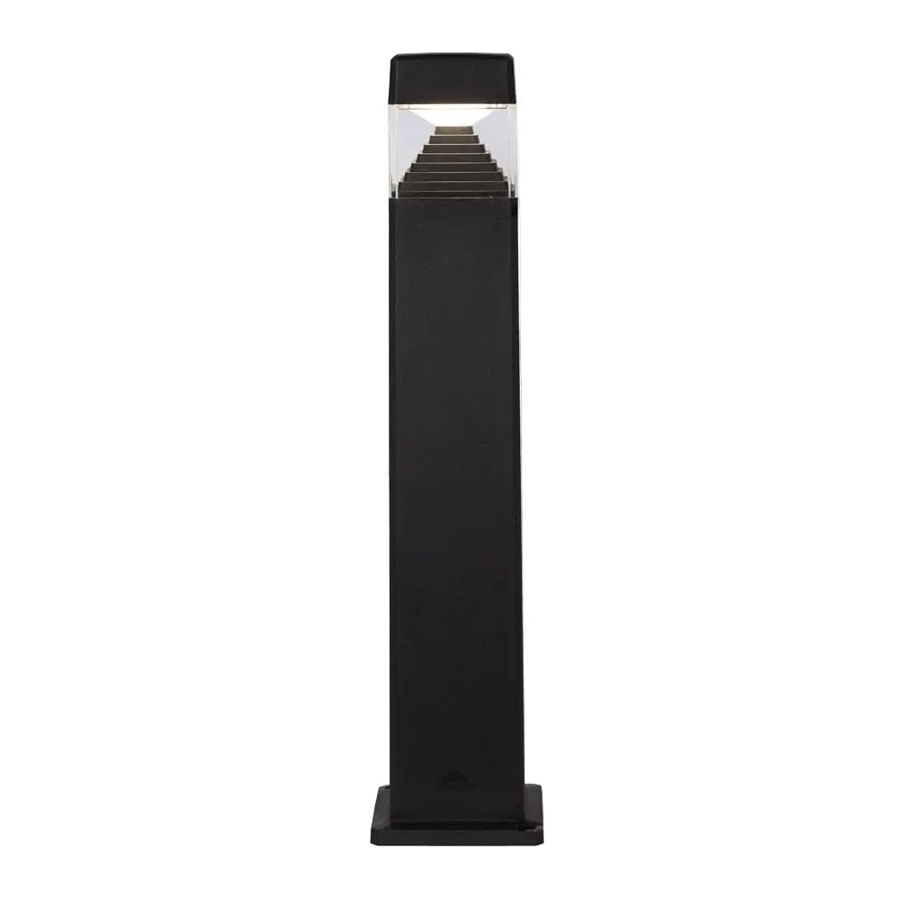 A tall, rectangular black LED bollard with a clear top, featuring a stepped design.
