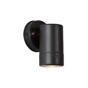 Black down-facing outdoor wall light with cylindrical shade and visible GU10 bulb holder