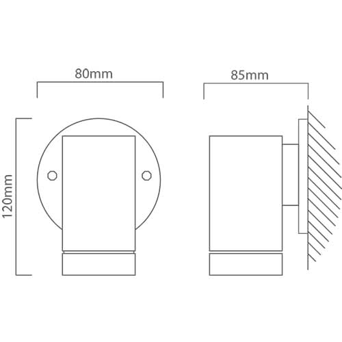 Line drawing of wall light front and side views with 120mm, 80mm, and 85mm dimensions