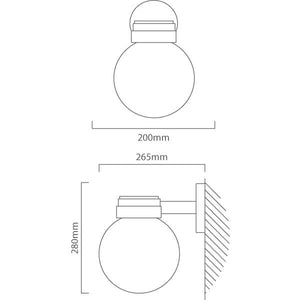 Detailed illustration of a black outdoor wall light with dimensions and mounting details.