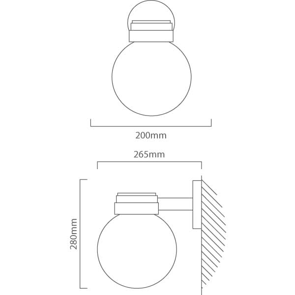 Detailed illustration of a black outdoor wall light with dimensions and mounting details.