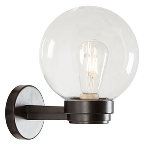 Stylish black outdoor wall light with clear diffuser, mounted on a round base.
