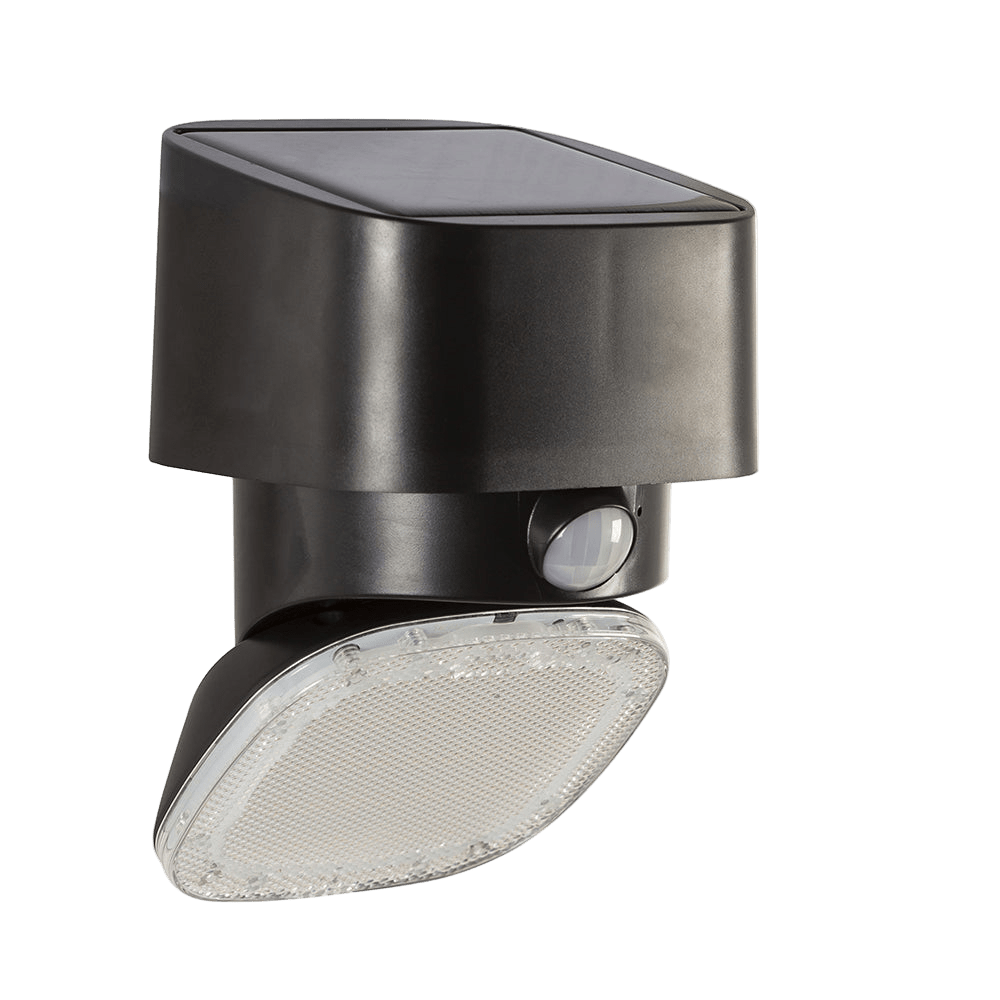 Black outdoor solar light with motion sensor on a white background