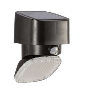 Black outdoor solar light with motion sensor on a white background