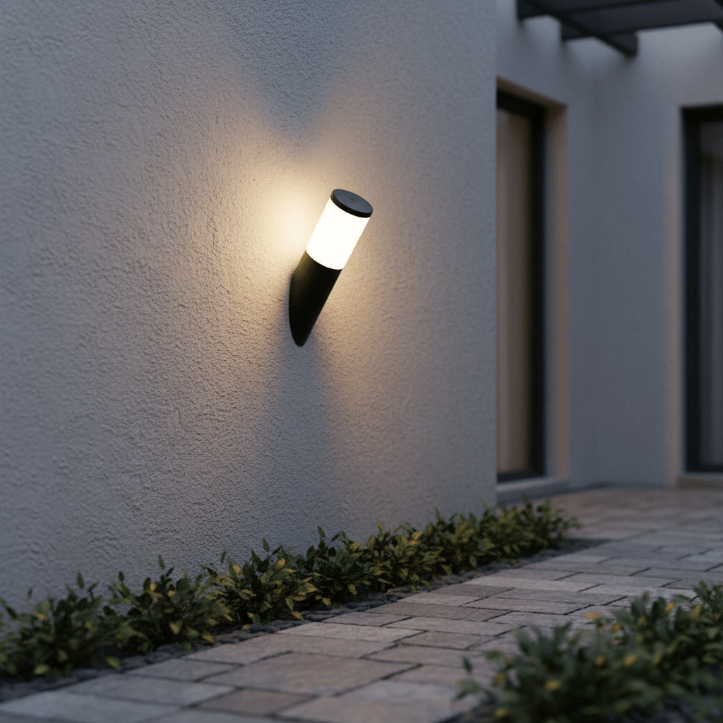 Angled outdoor wall light mounted on a textured wall, illuminating a stone pathway with greenery below.
