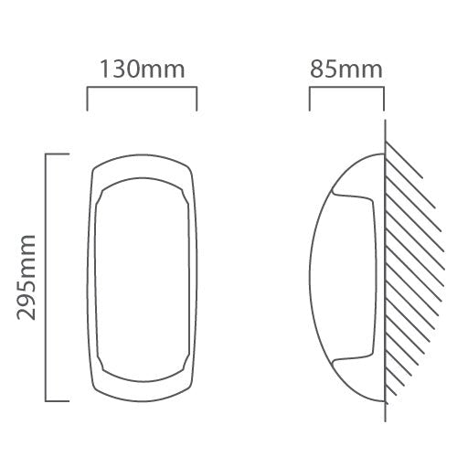 Technical diagram of Fumagalli Francy Bulkhead Light with dimensions 295mm x 130mm x 85mm.
