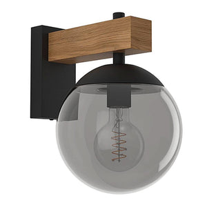 Bufalata Outdoor Wall Light featuring a black and brown design with a glass globe and E27 bulb holder.