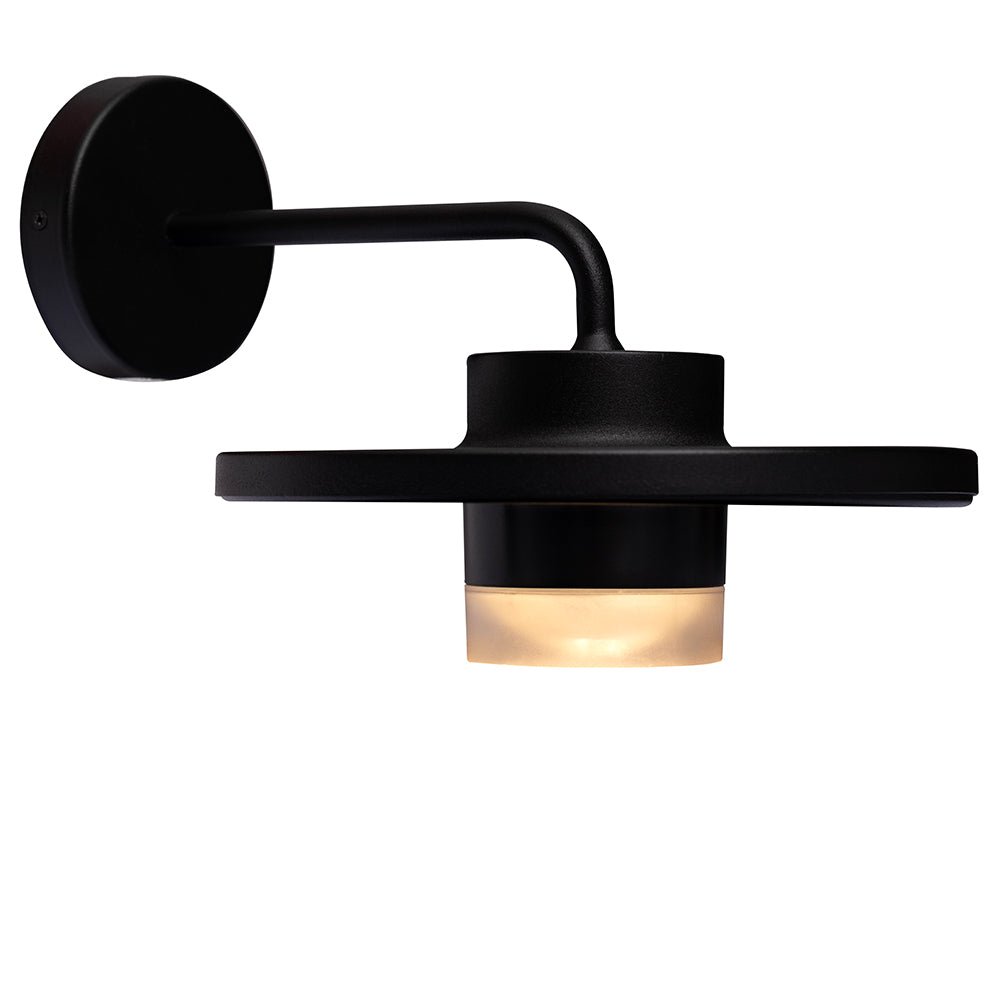 Black Plato Outdoor LED Wall Light with a sleek design and clear lens, mounted on a wall.