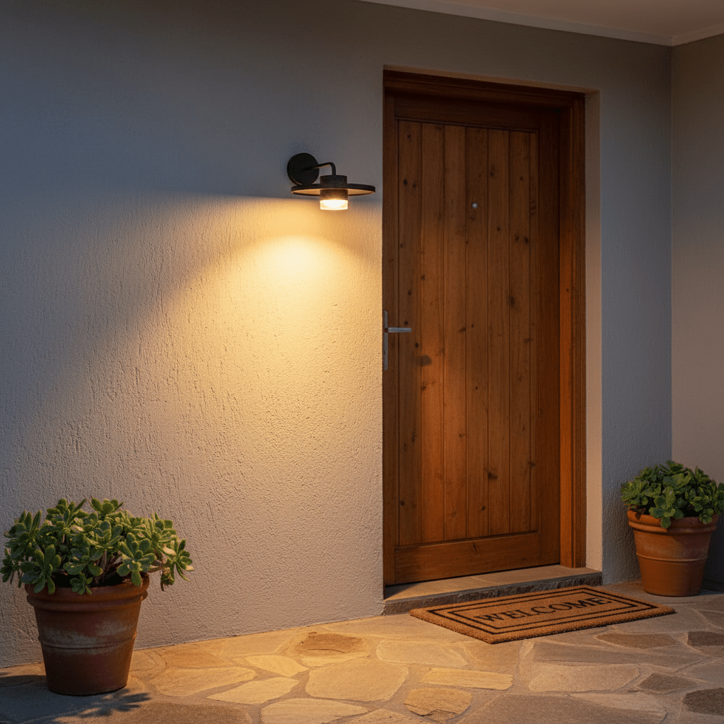 Black outdoor LED wall light illuminating a wooden door with a welcome mat and potted plants.