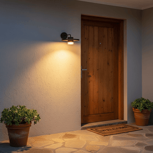 Black outdoor LED wall light illuminating a wooden door with a welcome mat and potted plants.