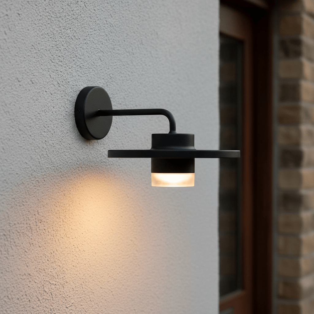 Black Plato Outdoor LED Wall Light mounted on a textured wall, casting a warm glow.