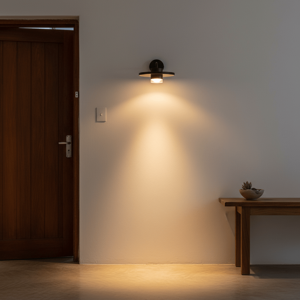 Black Plato Outdoor LED Wall Light mounted on a wall, illuminating a wooden door and a side table.