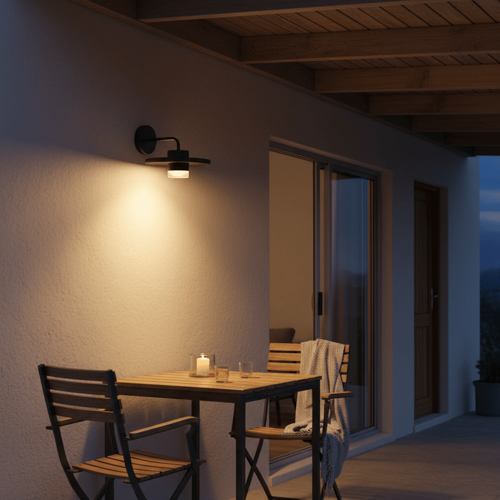 Black Plato Outdoor LED Wall Light illuminating a cozy patio setting with wooden furniture and a candle.