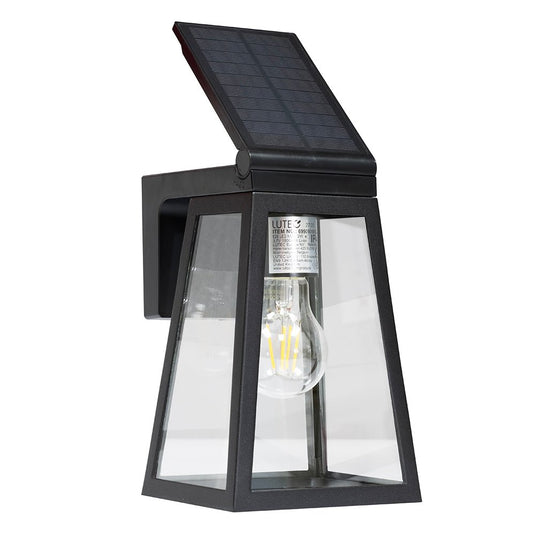 Fia Solar Wall Light in Matt Black with solar panel and clear glass, showcasing modern design.