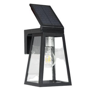 Matt black solar wall light with a transparent glass enclosure and a visible bulb, featuring a slanted solar panel on top.