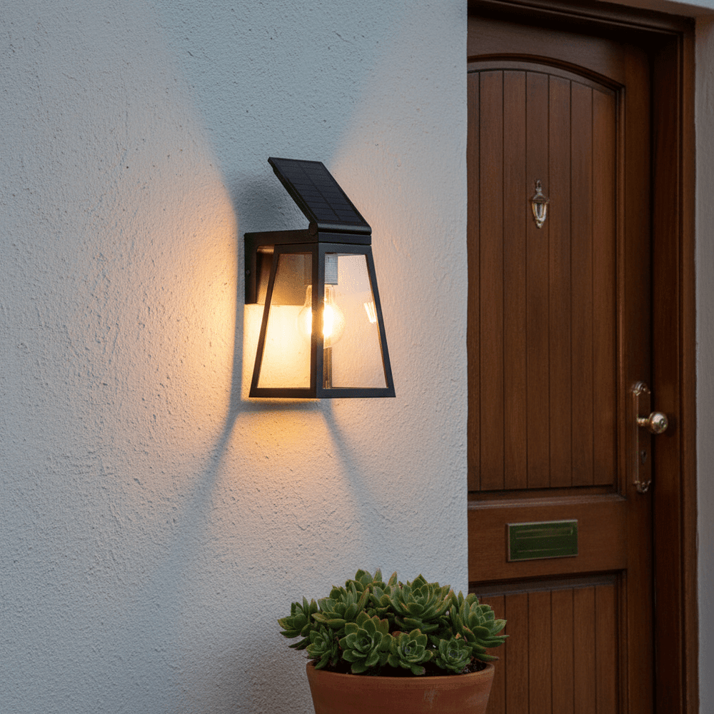 Fia Solar Wall Light in matt black mounted beside a wooden door, illuminating a potted succulent.