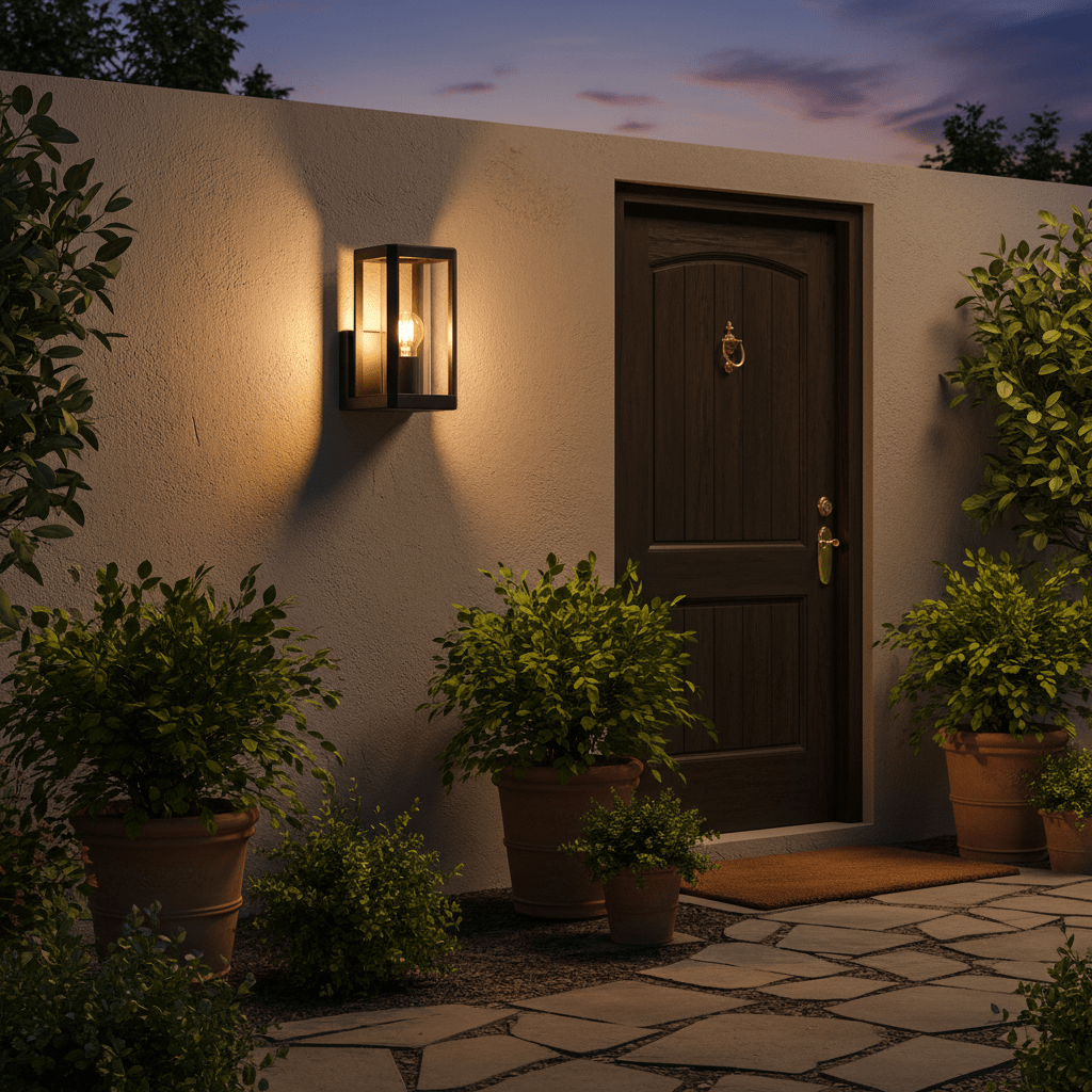 Bhok Ali Square Outdoor Wall Light mounted beside a wooden door, illuminating potted plants and stone pathway.