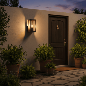 Bhok Ali Square Outdoor Wall Light mounted beside a wooden door, illuminating potted plants and stone pathway.