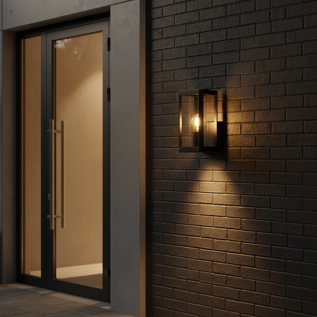 Bhok Ali Square Outdoor Wall Light mounted on a textured brick wall beside a glass door, illuminating the entrance.