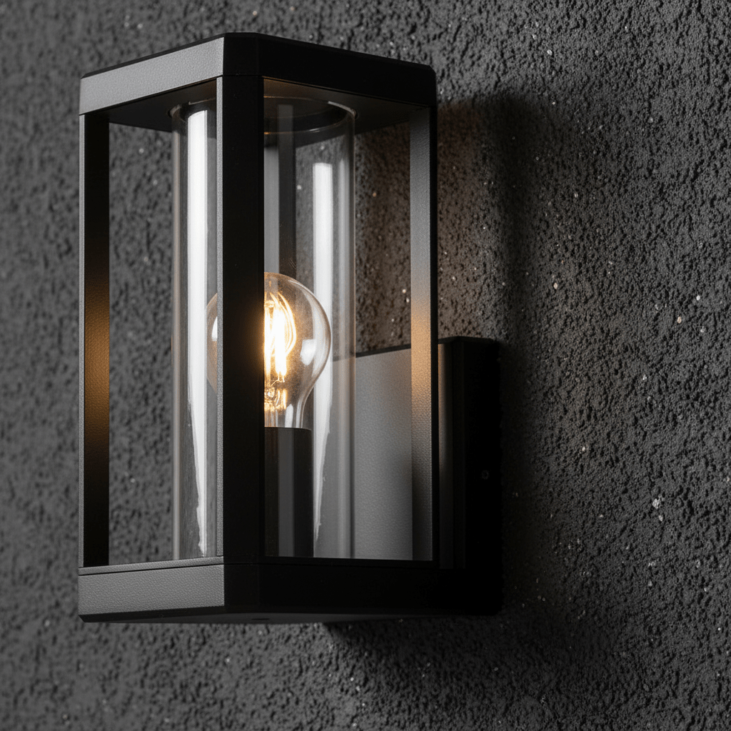 Close-up of the Bhok Ali Square Outdoor Wall Light showcasing its black die-cast aluminum frame and clear glass.