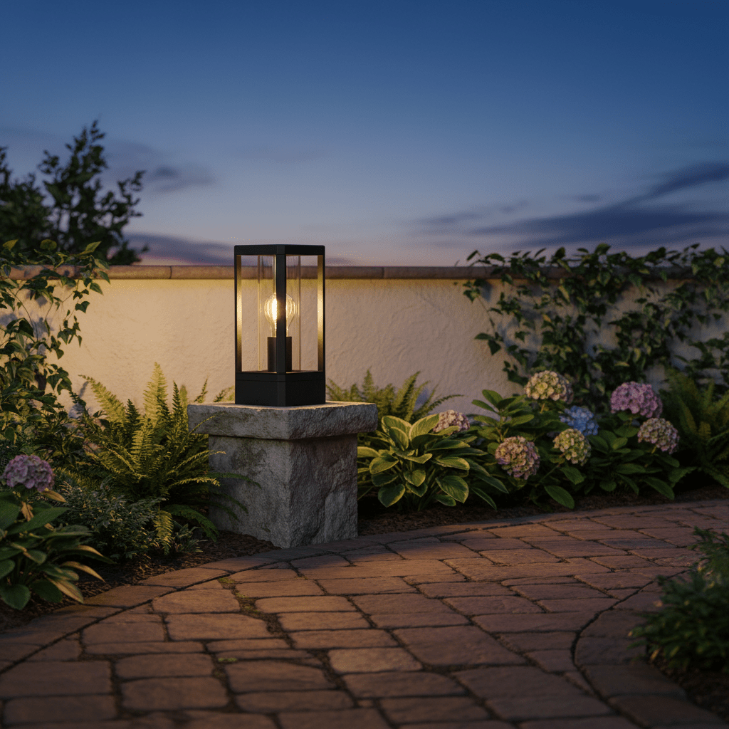 Bhok Ali Square Outdoor Post Top Light on a stone pillar, surrounded by lush greenery and flowers, at dusk.
