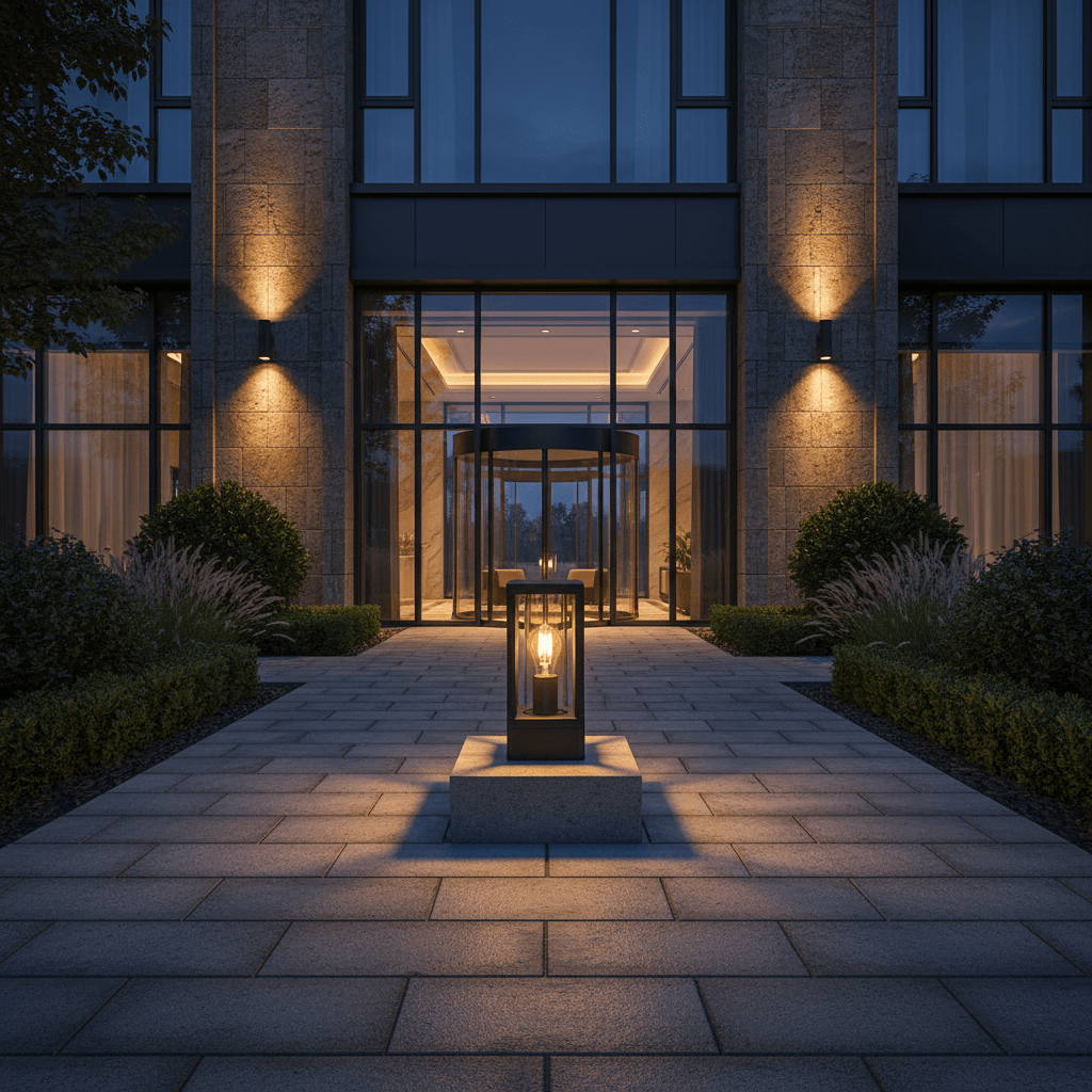 Bhok Ali Square Outdoor Post Top Light illuminating a modern entrance pathway at dusk.