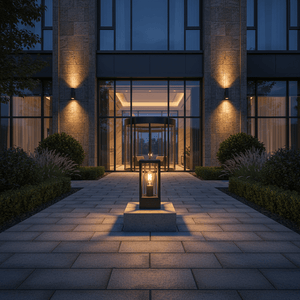 Bhok Ali Square Outdoor Post Top Light illuminating a modern entrance pathway at dusk.