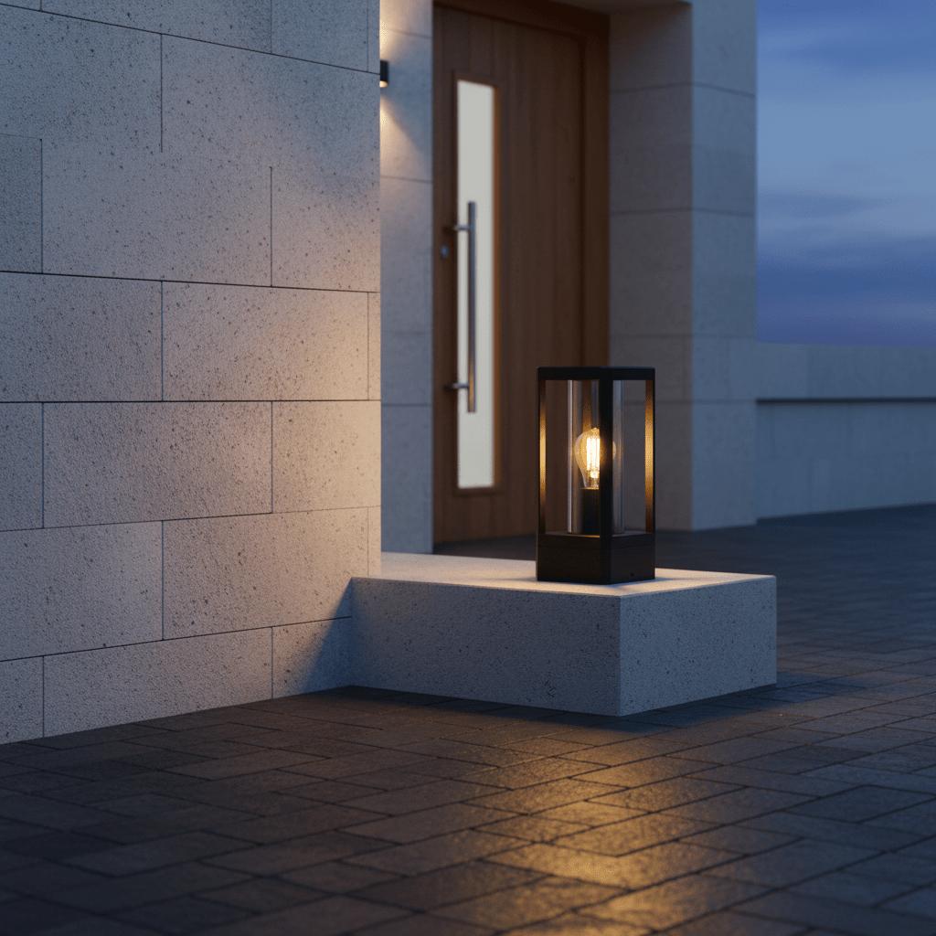 Bhok Ali Square Outdoor Post Top Light on a stone platform near a wooden door, providing warm illumination.
