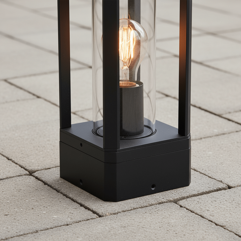 Close-up of the Bhok Ali Square Outdoor Post Top Light showcasing its black die-cast aluminum base and clear glass enclosure.