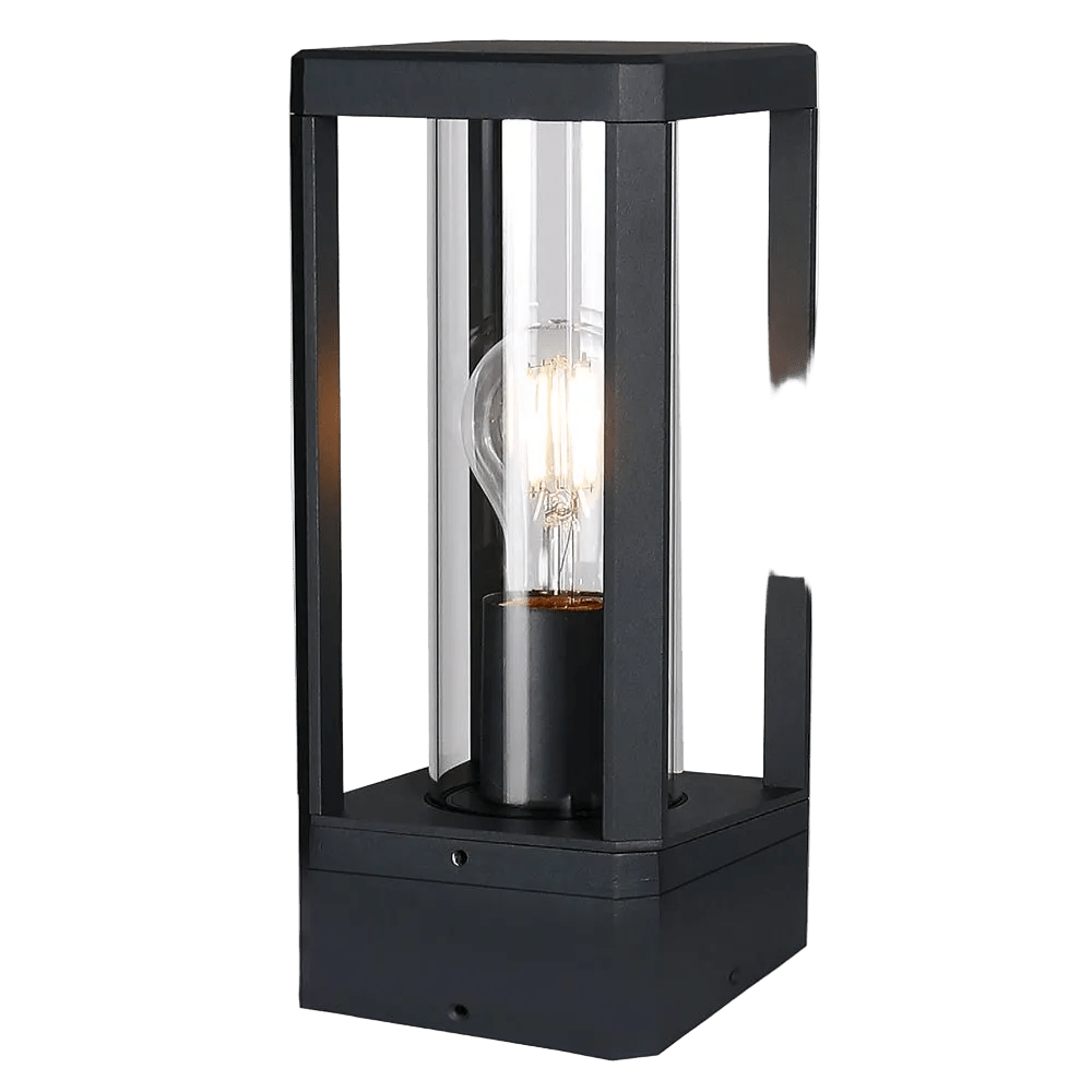 A black square outdoor post top light with clear glass panels and a visible bulb inside.