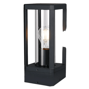 A black square outdoor post top light with clear glass panels and a visible bulb inside.