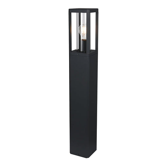 Bhok Ali Square Outdoor Bollard in black finish with clear glass, showcasing a modern design.